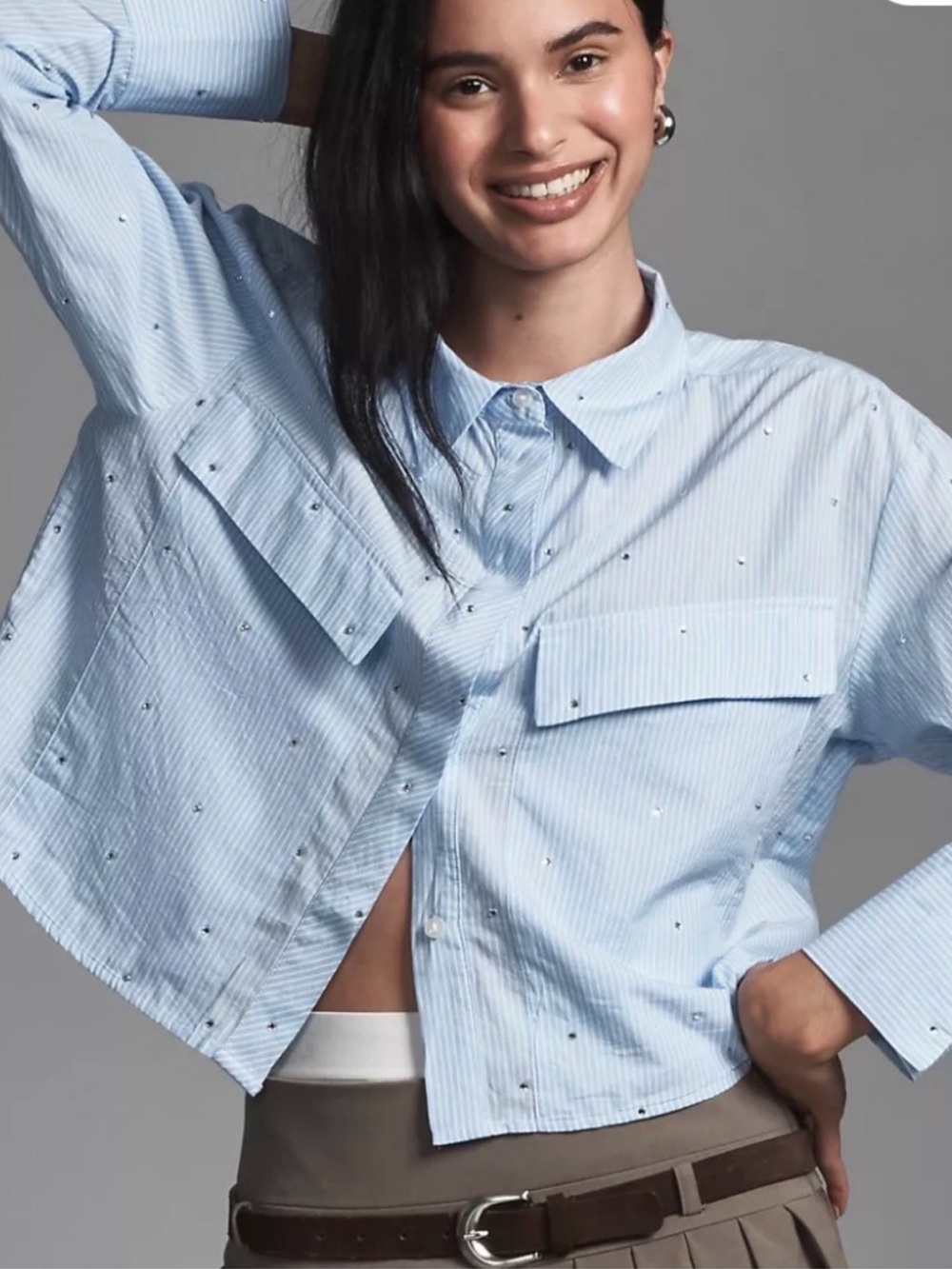 Maeve Light Blue Pinstripe Cropped Button-Down Shirt with Stud Accents